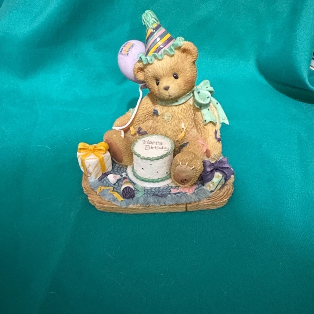 Cherished Teddies Birthday Bear Figurine with Party Hat and Gifts